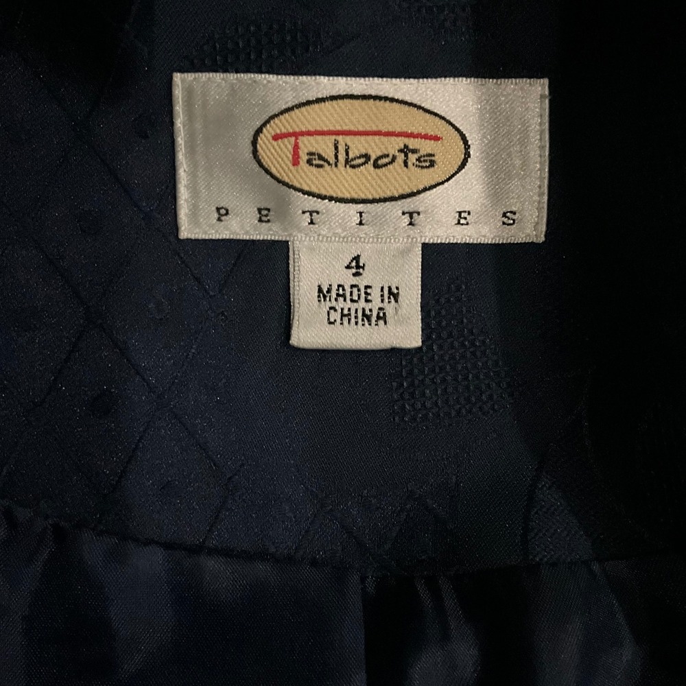 Talbots Petites Navy Blue Brocade Jacquard Collarless Long Jacket Coat Pant Suit - Picture 7 of 10